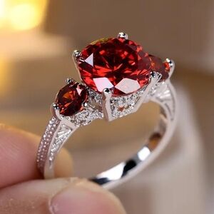 Elegant Red Gemstone Silver Ring